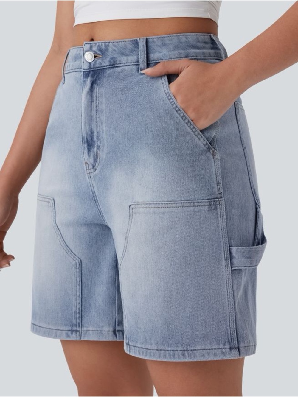 NWOT- Halara Flex™ Mid Rise Pockets Washed Denim Casual Bermuda Shorts
